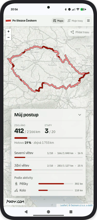 Aplikace: mapa Stezky Českem a přehled ušlých kilometrů, procent a jednotlivých větví trasy.